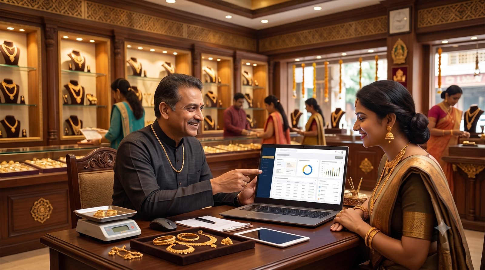 A gold loan branch owner reviewing the GirviDesk dashboard with a customer at the counter